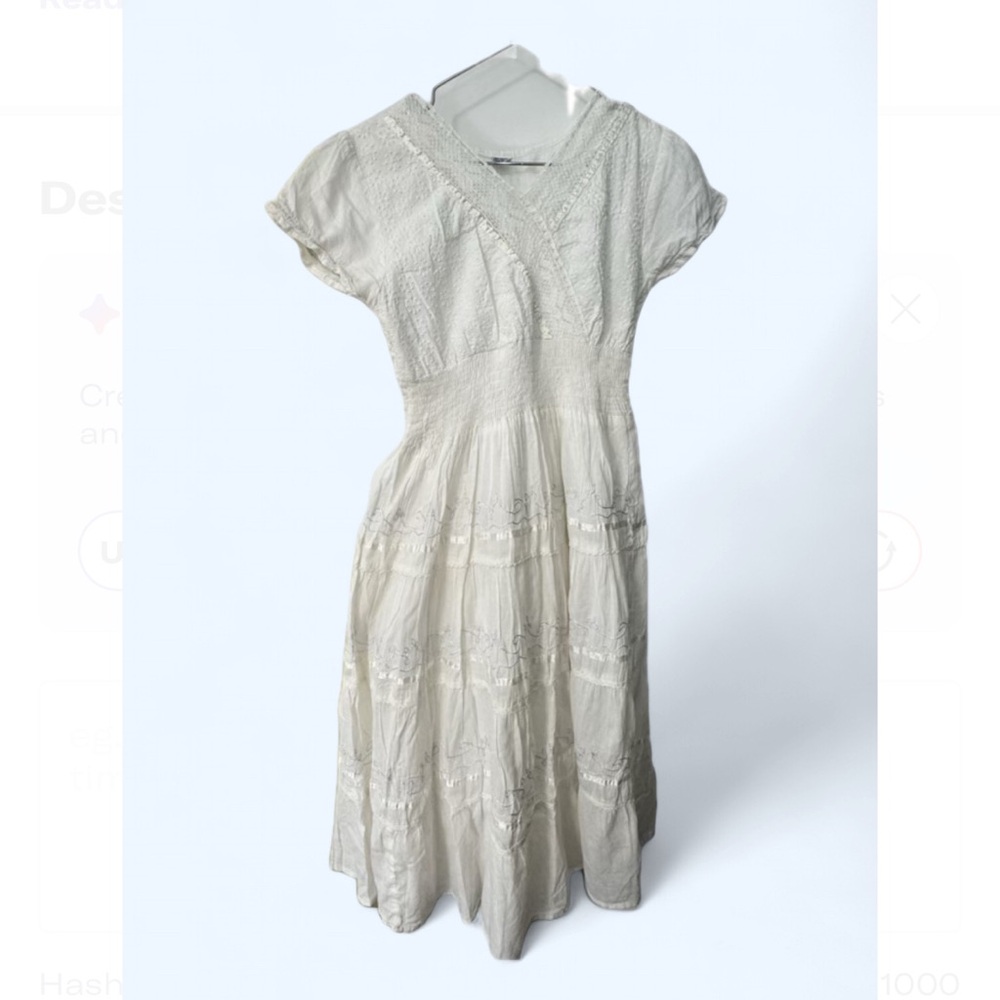 Vintage 100% Cotton Milkmaid Fairy Maxi Puff Sleeve Lace Silver Tiered Dress L